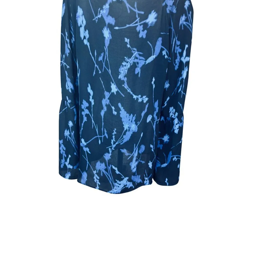 Banana Republic Large Flowy Blue Floral Print Long Bell Sleeve Blouse